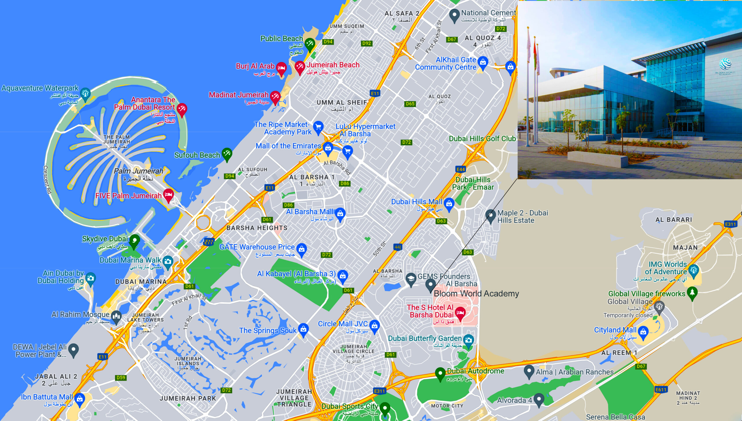 خريطة توضح موقع أكاديمية بلوم وورلد في دبي واتجاهات الوصول إلى المدرسة