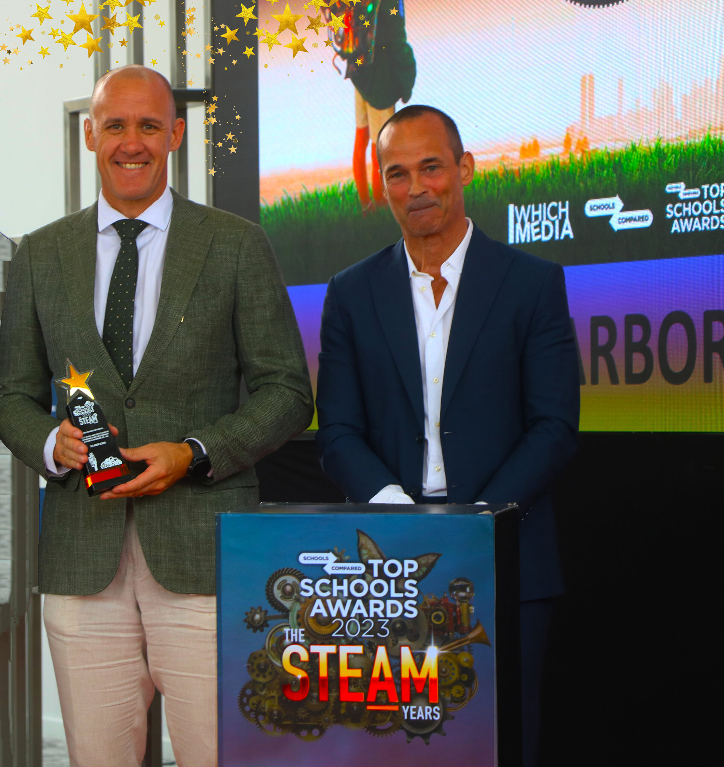 Brett Girven, Principal, The Arbor School Dubai receiving The Top Schools Award for Best School for Sustainability, Environmental Science and Eco Literacy from David Westley, Co-Founder, The Top Schools Awards